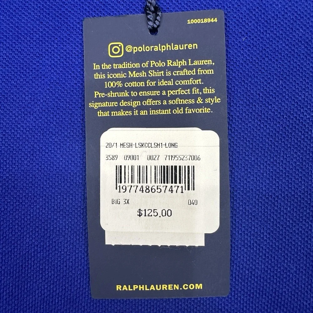 NWT‎ Polo Ralph Lauren Men's Long-Sleeve Polo Knit Shirt Royal Blue 3XB BIG $125